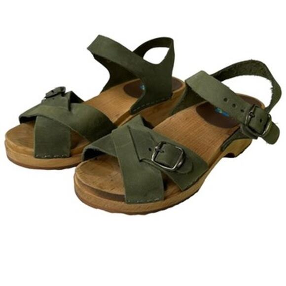 Mia Women's Green Leather Strap Wooden Clog Sandal Open Toe Ankle Buckle Size 38 - Picture 1 of 11